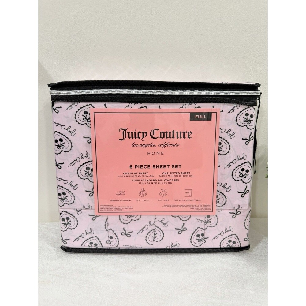 Juicy Couture Full 6 Piece Sheet Set Pink Black Hearts Cherries Bedding NWT